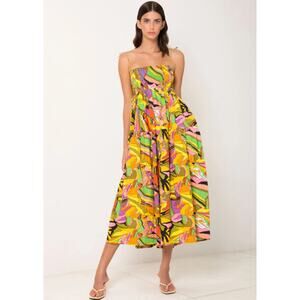 SWF Birds of Paradise A-Line Dress Smocked Square Neck Tie Shoulder Midi Floral